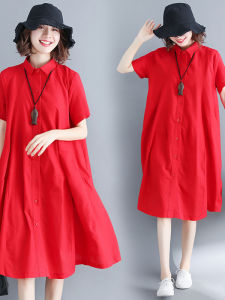 Váy Sơ Mi Vải Lanh Cotton Rộng Rãi Thoải Mái Mùa Hè Cho Nữ Cỡ Lớn Váy Midi Cổ Chữ a Tay Ngắn Dáng Chữ a Váy Công Sở