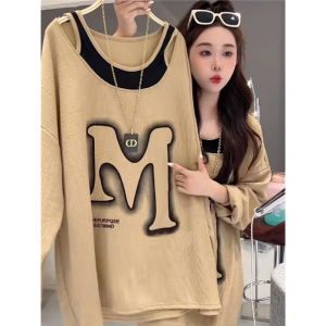 Fall and Winter Plus Size 150.00kg Stylish Long Sleeves Cut Out Fake Two-Piece T-shirts Male Mid Length Long Length Loose Belly-Covering Base Tops