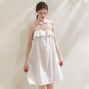 XEXZ | ชุดนอนผ้าฝ้ายแท้ปักลายเซ็กซี่ สายเดี่ยว ขอบลูกไม้ หวานๆ สไตล์ฝรั่งเศส ชุดนอนลำลองสำหรับใส่อยู่บ้าน สามารถสวมใส่กลางแจ้งได้