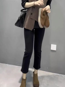 plus Size High Waist Fleece Lined Black Denim Jeans Womens Autumn Winter Slim Fit Straight Leg Elastic Cuffed Jeans