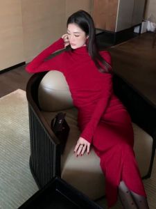 Red Wrap Dress Womens New Years Fashion French Style Little Fragrance Wind High-End Sense Inner Wear Long Skirt