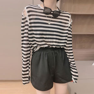 เสื้อยืดผ้าไหมน้ำแข็งแขนยาวฤดูร้อน 2022 สำหรับผู้หญิง ลายทาง ทรงหลวม สไตล์เกาหลี คอตั้ง เสื้อผ้าทำงาน