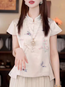 WANGGONGZHU | เสื้อเชิ้ตผู้หญิงคอตั้งแขนสั้นผ้าไหมไหมพรมสไตล์จีนใหม่ฤดูร้อน 2025 เสื้อเชิ้ตผู้หญิงทรงหลวมสบายๆ สไตล์เกาหลี