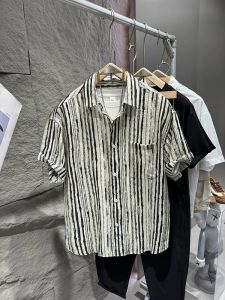 Summer Mens Striped Short Sleeve Shirt Loose Fit Polo Neck Fashion Urban Style Breathable Polyester Cloth Youth Daily Wear