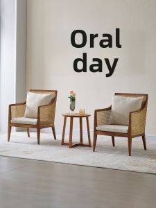 Nordic Wicker Sofa Chair Luxury Wooden Backrest Casual Living Room Furniture Hotel Homestay Single Person Vine Chair Simple