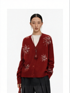 Rabbit and Wool Blend Red V-Neck Knit Cardigan