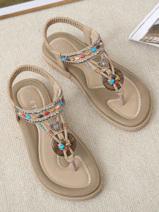 Bohemia Rhinestone Flip-Toe Sandals Womens Summer New Arrival Fairy Style with Skirt Thick Sole Beach Roman Shoes Soft Bottom