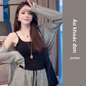 YUEZHONGWEI | Áo khoác cardigan mỏng màu xám bằng lụa băng dệt kim chống nắng Áo khoác ngoài mùa hè cho nữ Áo khoác lạnh Áo khoác ngoài dài tay cổ tròn