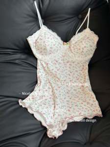 Sweet French Girl Floral Print Onesie with Chest Pad Pure Desire Lace Home Clothes Short Skirt V-neck Polyester Spring Autumn Winter