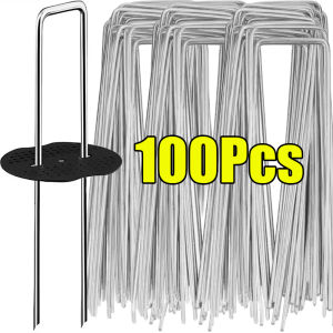 10-100 ชิ้น หมุดปักดินรูปตัว U สำหรับตกแต่งสนามหญ้า / แผ่นโลหะสีเงินสำหรับปักดิน / หมุดปักดินสำหรับงานหนักสำหรับรั้ว ฟิล์ม และเต็นท์