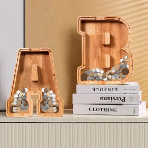 Large Size Letter Wooden Transparent Money Box Real Wood Storage Jar Popular Coin Bank New Year Gift Saving Canister