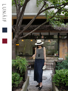 LUNAIF Linen Straight Tube Skirt Air Wash Casual Style Skin-friendly Breathable Ladies Mid-waist A-line Skirt