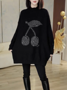QINGNAER | Butt Covering Plus Size Slimming Mid-length Sweater Half High Neck Printed Knitted Top