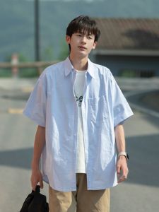 Summer Blue Short Sleeve Mens Shirt Loose Casual Style Boys Outerwear Hong Kong Style Thin Material Flip Collar Top