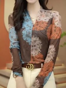 Autumn Womens Loose Large Size Luxury Silk Long Sleeve Versatile Mom Top Small Audience T-Shirt Korean Style Printed Casual