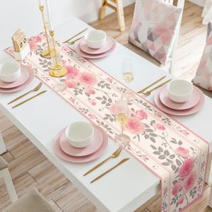 Pink Floral Linen Table Runner Washable Multi-Scene Universal Table Runner