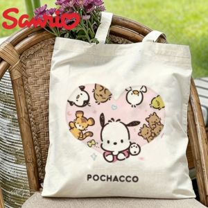 Sanrio | 1PC Sanrio Pochacco Canvas Tote Bag Double-sided Heart Print Eco-friendly Reusable Shoulder Bag
