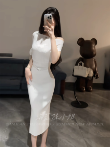 Elegant Slim Fit Shoulder Womens Dress Summer Pure Desire High Waist Belted Waist Slimming Bodycon Skirt Casual round Neck