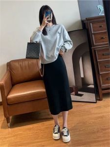 Grey High Waist Straight Cut Mini Skirt Womens Fashion Spring New Style One Step A-Line Skirt Korean Style Commute Pure Color
