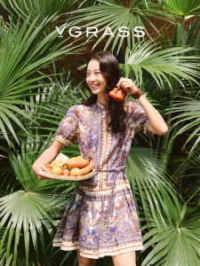 V·grass/V-GRASS | Đầm In Họa Tiết Linen Cổ Đứng