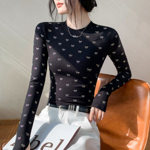 GEBEISHANG | Bow Print Round Neck Long Sleeve T-Shirt Women