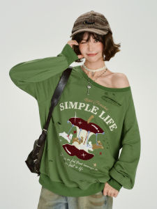 Girlyhalo American Style Vintage Towel Embroidery Hole Shoulder Hoodie Women Loose Top Design Sensation Autumn New Arrival