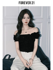 เสื้อเชิ้ตแขนสั้นไหล่เดียวสไตล์ฝรั่งเศส Forever 21 สีดำหวานและเผ็ดร้อนสำหรับผู้หญิงในช่วงฤดูร้อนปี 2025 เสื้อเชิ้ตแขนพองสีพื้นแบบใหม่
