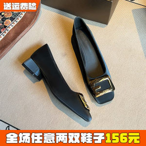 French Style Chunky Heel Single Shoes Womens Slip-On mid Heel Black Commuter Shoes Large Size 41 to 43 Fashionable Commute