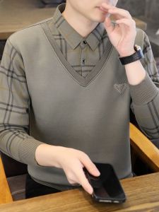 HENGYUANXIANG | Hengyuanxiang Fleece Lined Thickened Knitted Long Sleeve Shirt Collar Sweater Mens Fashionable Winter Warm Base Layer Shirt