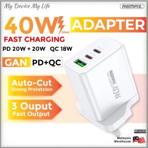 REMAX RP-U123 40W GAN Fast Charging Adapter 20W+20W 1A+2C PD+QC AutoCut Protection 3 Out-Put Temperature Control