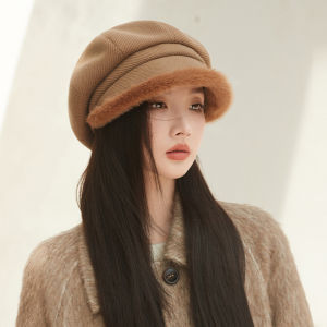 Beret Childrens Autumn and Winter New Arrival K-style Plain Face Slimming Pile Heap Cap Cold-Proof Warm Plush Octagonal Bucket Hat