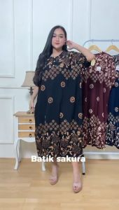 Daster Jumbo LD 140 Erina Motif Printing Batik Sakura Pekalongan Dress Rayon Panjang Wanita Dewasa Bumil Busui Friendly Kancing Bunga