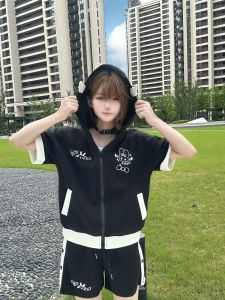 Cute Casual Hooded Short Sleeve Set with Small Wings Zipper Cardigan Two-Dimensional Style Breathable Moisture-Wicking Cotton Blend