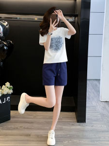 ชุดกีฬาผู้หญิงฤดูร้อน ชุดกางเกงขาสั้นสองชิ้น ผ้าฝ้าย คอกลม แขนสั้น เอวกลาง แฟชั่นเกาหลี ไฮเอนด์ ลดอายุ