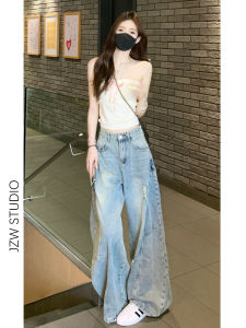 Quần Jeans Denim Ống Rộng Lỗ Cổ Điển Cho Nữ Quần Dài Ôm Dáng Mùa Thu 2025 Quần Jeans Denim Cạp Cao Thường Ngày