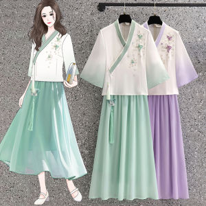 Womens Summer Tang Suit Two-Piece Set Tea Ceremony Costume National Style Reformed Hanfu Cheongsam Top Polyester Material