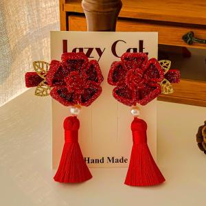 Red Flower Girls Hair Clip Baby New Year Celebration Hanfu Hair Accessories Childrens Hair Card Headwear Korean Style