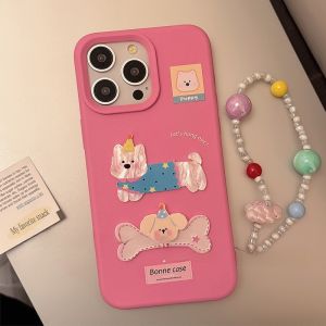 Pink Cartoon 3D Dog Phone Case with Lanyard Full Cover Female Style for iPhone 17 pro Max Apple 16 pro 15 pro Max New 13 Womens 12 Creative 13 pro Korean 14 pro