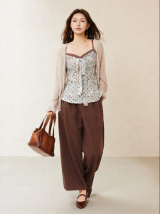 plusmall | Mocha Dazed Style Set Polka Dot Tank Top Woolen Cardigan Wide Leg Pants