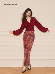 Wine Red V-Neck Body-Sculpting Banquet Dress Suite