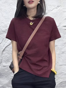 Miss Made Cỡ Lớn Áo Thun Ngắn Tay Bất Đối Xứng Cổ Tròn Màu Đỏ Rượu Vang Nữ Mùa Hè Thon Gọn Đa Năng Thoải Mái Áo