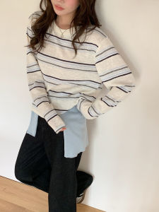 YOYO New Stripe Shell Button Design round Neck Long Sleeve Womens Loose Fashionable T-shirt Korean Style Casual Cotton Top