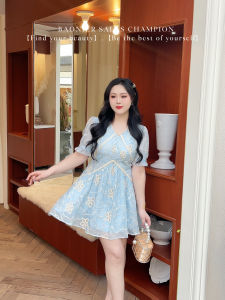 plus Size Summer New V-Neck Lace Splicing Design French Style Slimming Dress High Waist Short Sleeve A-Line Elegant Dress