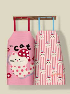 Adorable Cartoon Cat Apron Waterproof Oil Resistant Kitchen Workwear with Hat Cat Design Universal Size Cotton Linen Apron
