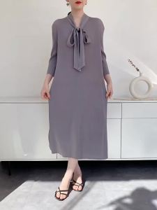 L-957F# One Size (45-75kg) Spring And Summer Dress WomenS Toothpick Pleated 3/4 Sleeve Lace-Up Loose