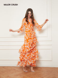 Romantic Orange Flower French Beach Slimming Dress