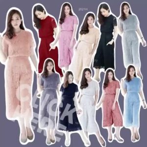 S2021 เสื้อลูกไม้แขนสั้น + กางเกงลูกไม้ลายเดียวกัน ทรง 6 ส่วน Short-sleeved lace shirt + lace pants in the same pattern 6-part shape