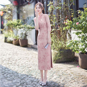 ชุดกี่เพ้าแขนยาวฤดูใบไม้ร่วง ชุดเดรสยาวหรูหรา ชุดกี่เพ้าผู้หญิง ชุดกี่เพ้าสไตล์จีนโบราณ ชุดกี่เพ้าทรงสลิมฟิต
