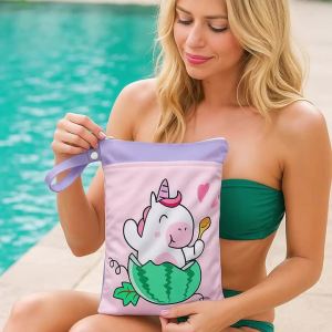 Babyshow 25x35cm Diaper Bag Two Zippers Wetbag Reusable Waterproof Cartoon Bear Unicorn Prints Wet Dry Baby Bag with Handle