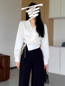 plus Size Long Sleeve White Shirt Womens Style Slimming Waist Design Korean Commute Style Regular Sleeve Polo Collar Top